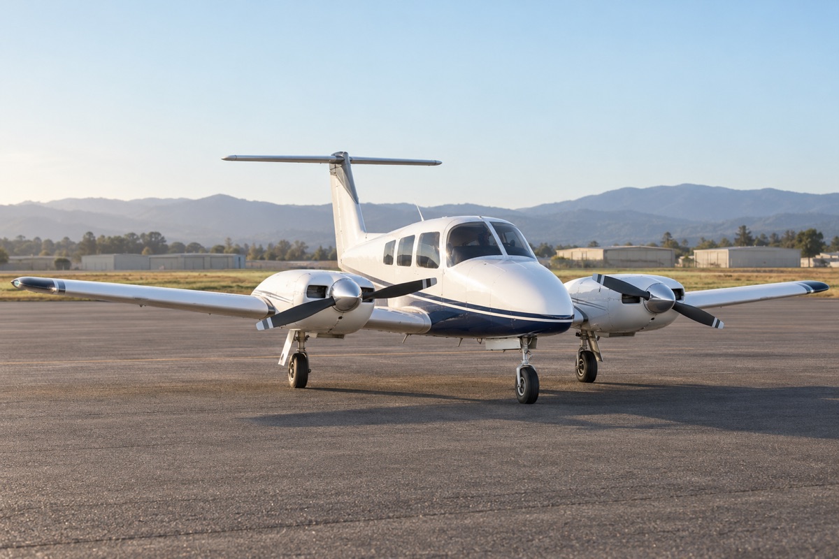 Illustrative AI-generated Piper PA-44 Seminole with two wing-mounted engines and a T-tail, parked with its retractable tricycle landing gear extended.